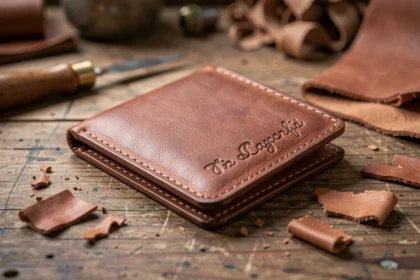 Porte-monnaie en cuir personnalisé fabriqué en France posé sur un établi d'artisan avec initiales gravées et coutures faites main