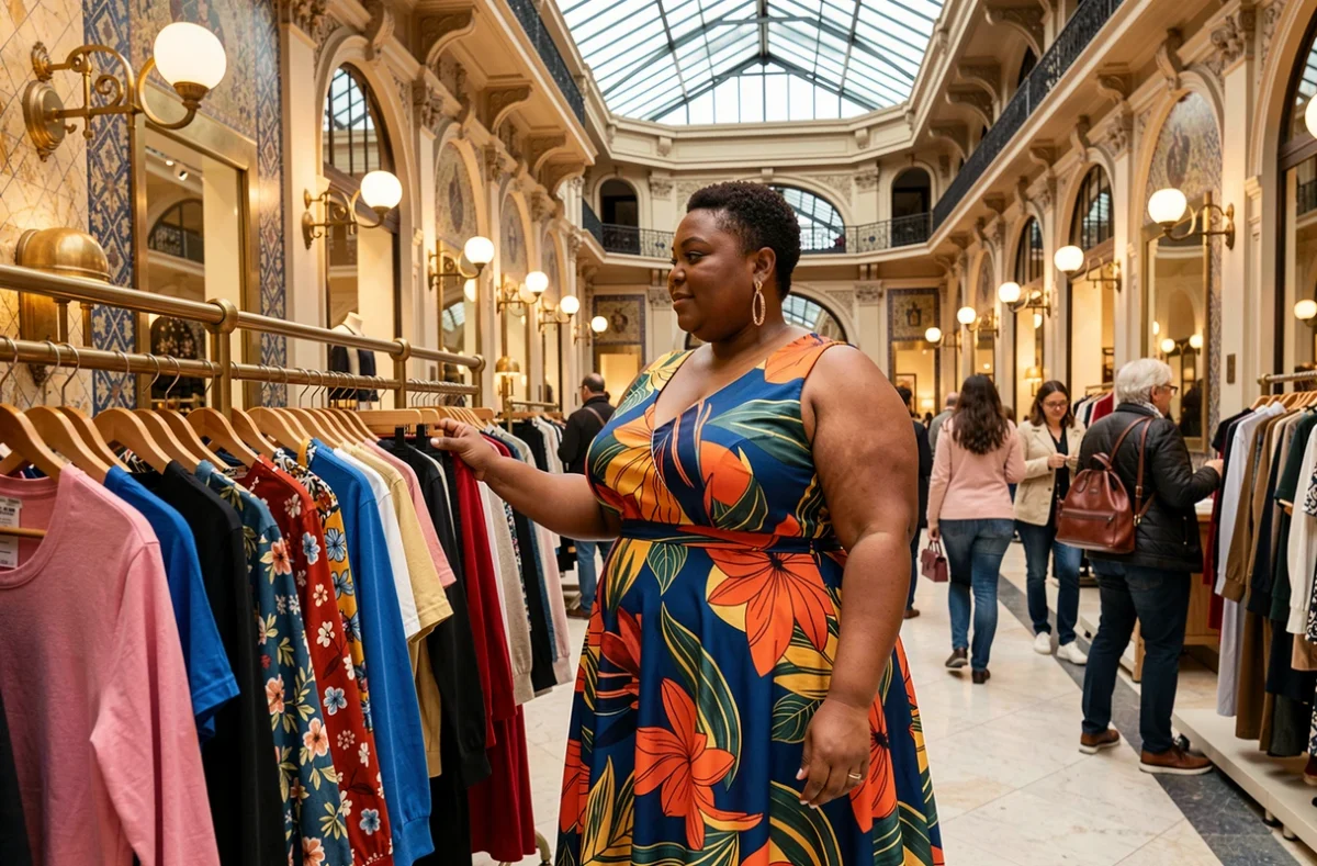 Une femme ronde explore les collections grande taille du Printemps à Marseille