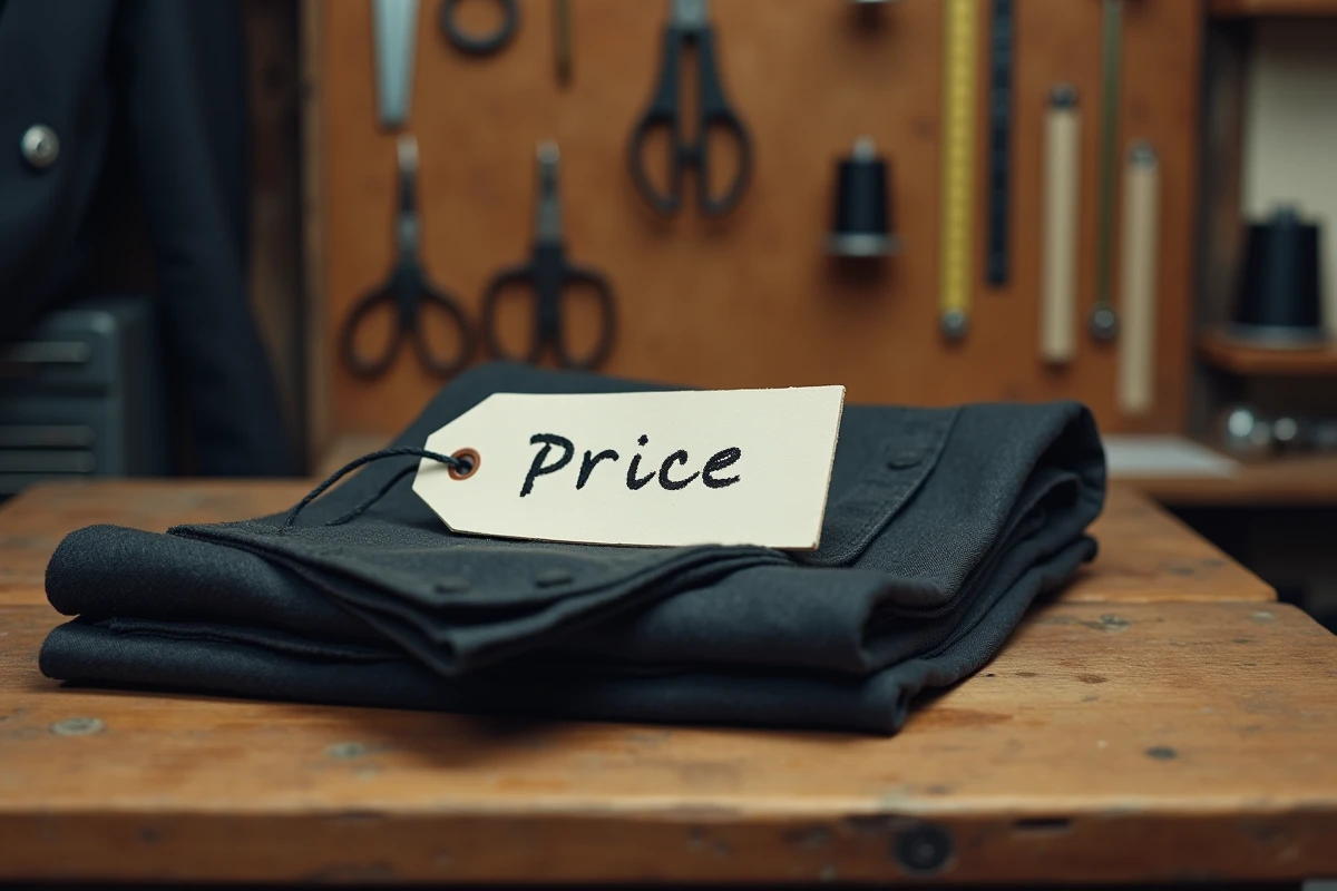 Étiquette de prix posée sur un pantalon plié dans un atelier de couture rural