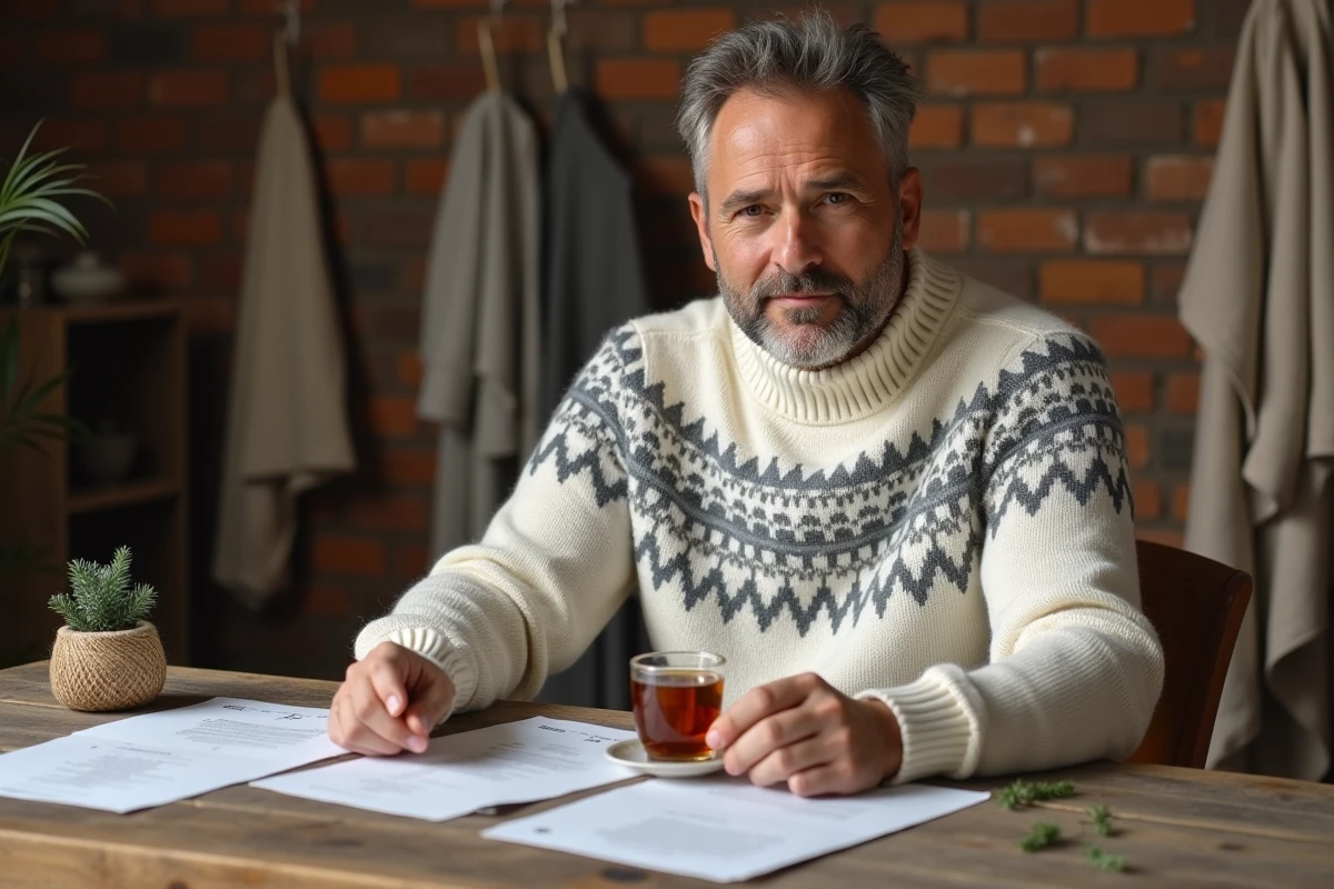 Homme portant un pull de Noël en coton bio personnalisé avec des documents de certification écoresponsable sur une table en bois