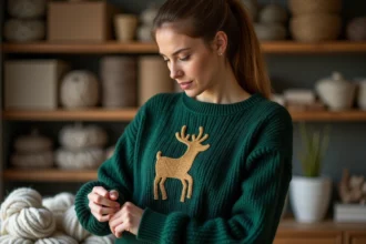 Femme inspectant un pull de Noël personnalisé en laine écologique dans un atelier de création durable