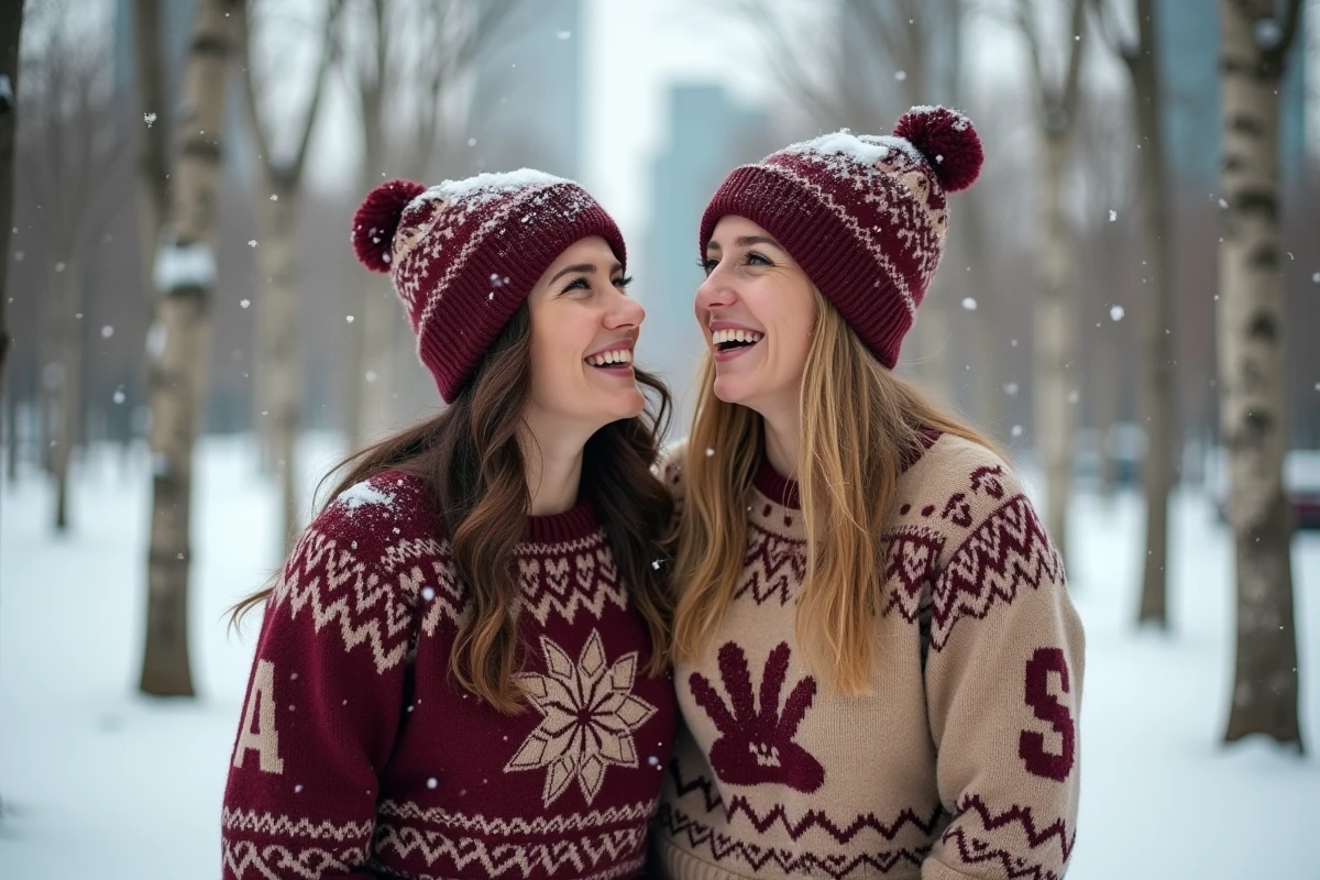 Deux amis portant des pulls de Noël personnalisés en laine recyclée dans un parc enneigé en hiver