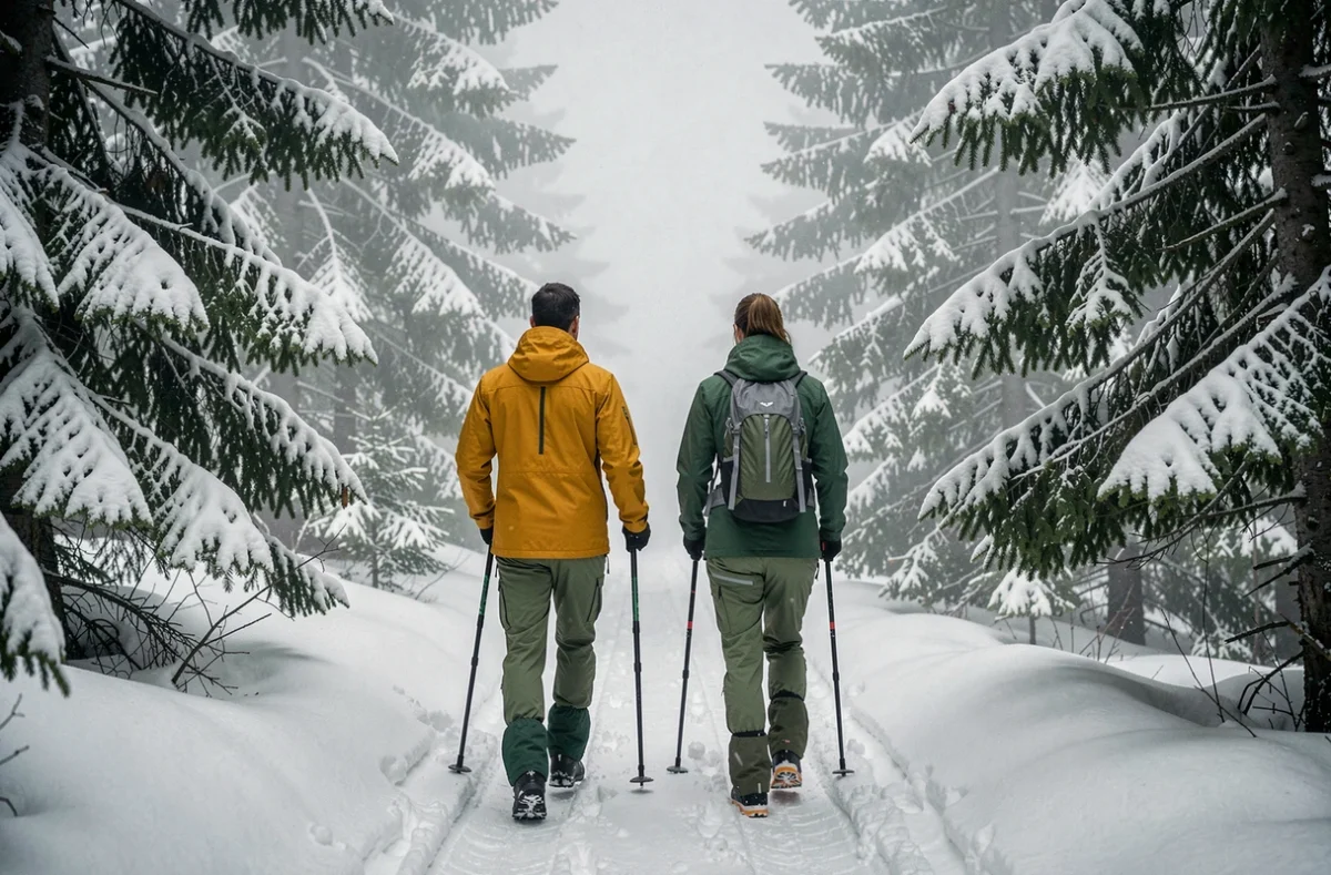 Deux randonneurs en vêtements de montagne techniques marchant sur un sentier enneigé en forêt de conifères