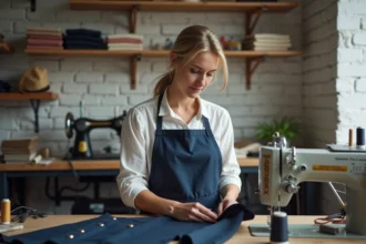 Retoucheuse professionnelle inspectant un vêtement dans un atelier de retoucherie à Sainte-Geneviève-des-Bois