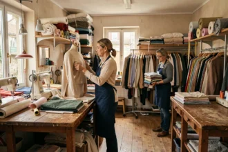 Intérieur d'une retoucherie en Seine-Saint-Denis avec une couturière au travail et des vêtements accrochés sur des portants