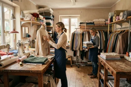Intérieur d'une retoucherie en Seine-Saint-Denis avec une couturière au travail et des vêtements accrochés sur des portants