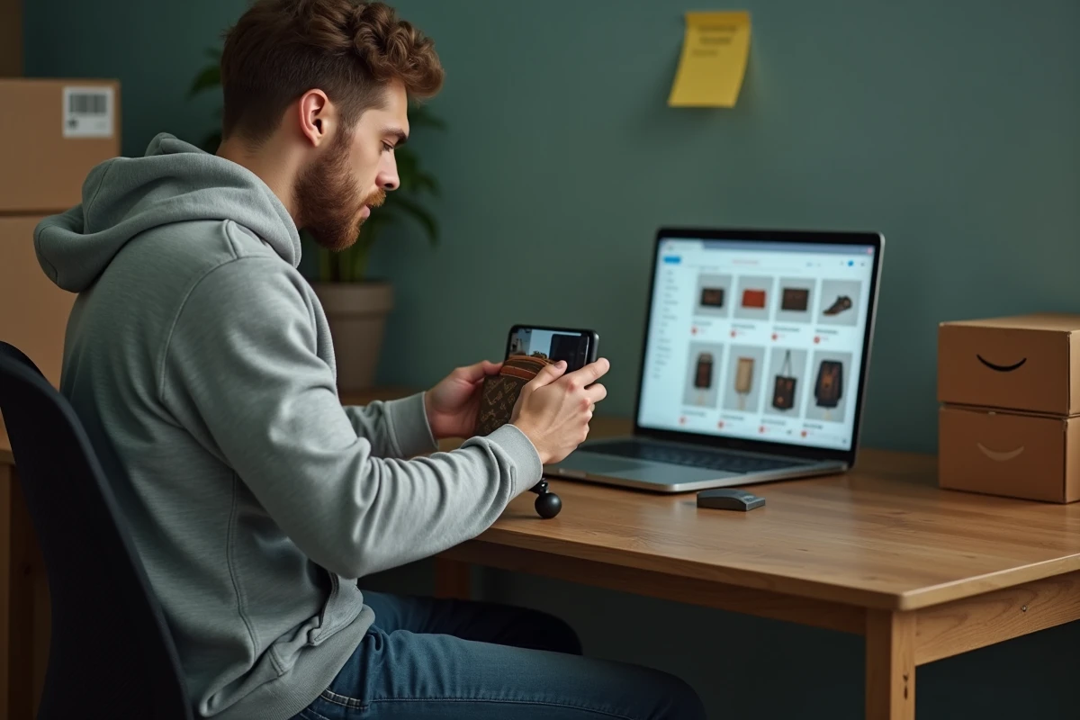 Jeune homme revendeur en ligne photographiant un portefeuille monogramme pour une annonce Vinted, entouré de colis et d'un ordinateur portable