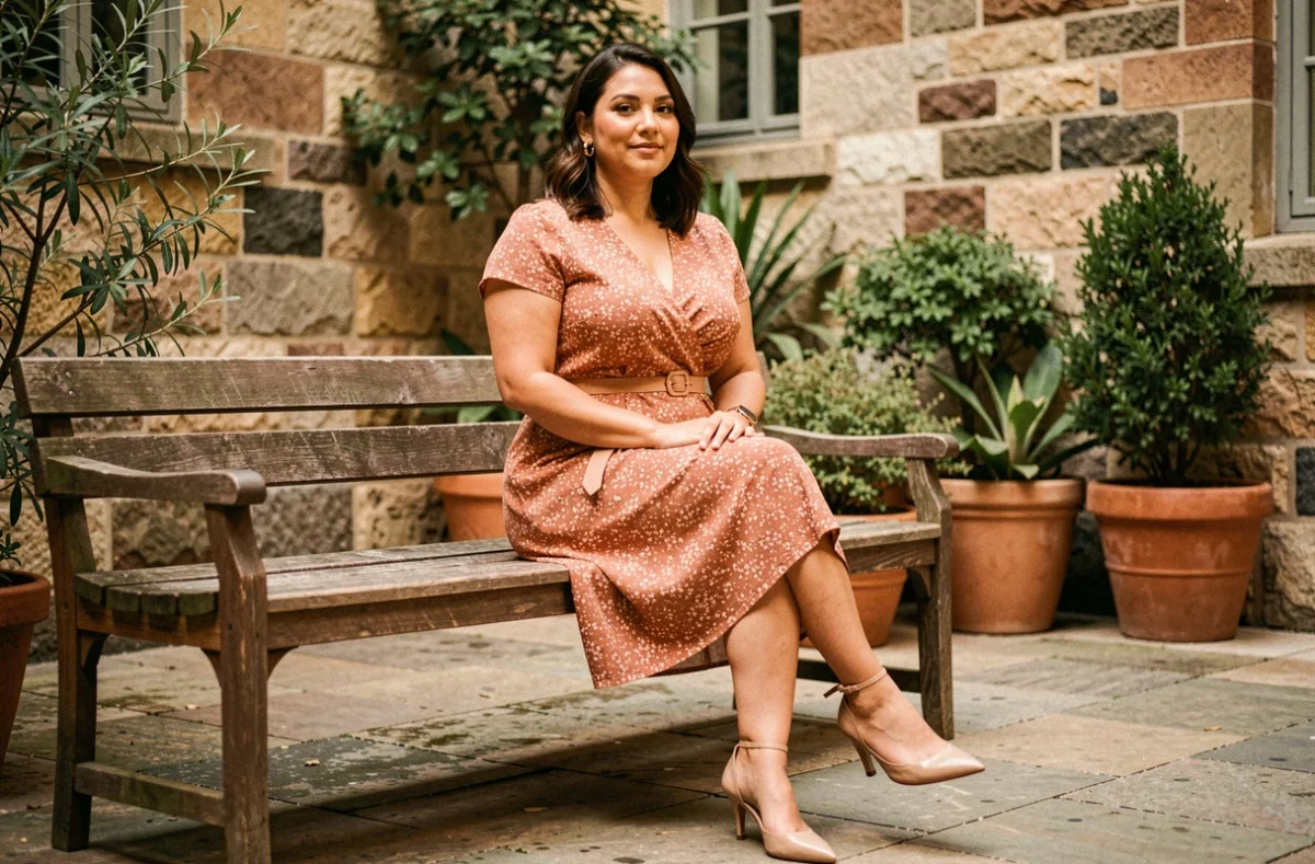 Femme ronde portant une robe midi terracotta avec ceinture fine et escarpins nude pour allonger la silhouette