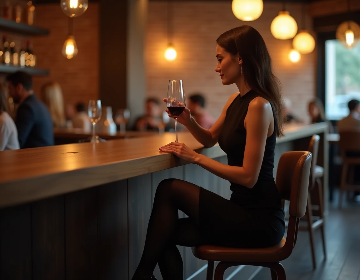 Femme portant une robe noire et des collants opaques noirs lors d'un afterwork dans un bar