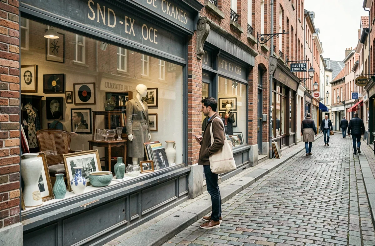Rue pavée de Lille avec des vitrines de boutiques vintage et décoration rétro en Hauts-de-France