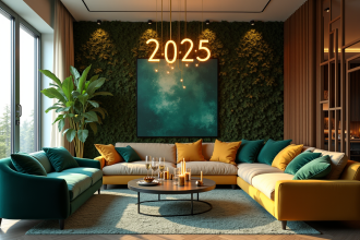 Salon moderne décoré pour le Nouvel An 2025 avec couleurs tendance