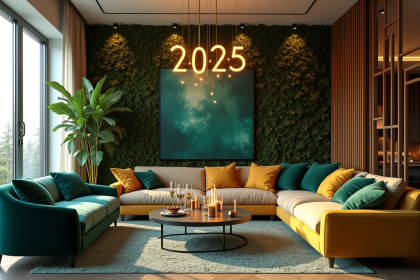Salon moderne décoré pour le Nouvel An 2025 avec couleurs tendance