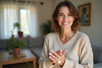 Femme souriante appliquant une creme mains dans un salon cosy