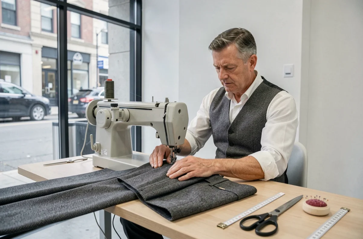 Tailleur masculin retouchant un pantalon en laine sur machine à coudre dans une boutique de retouches moderne