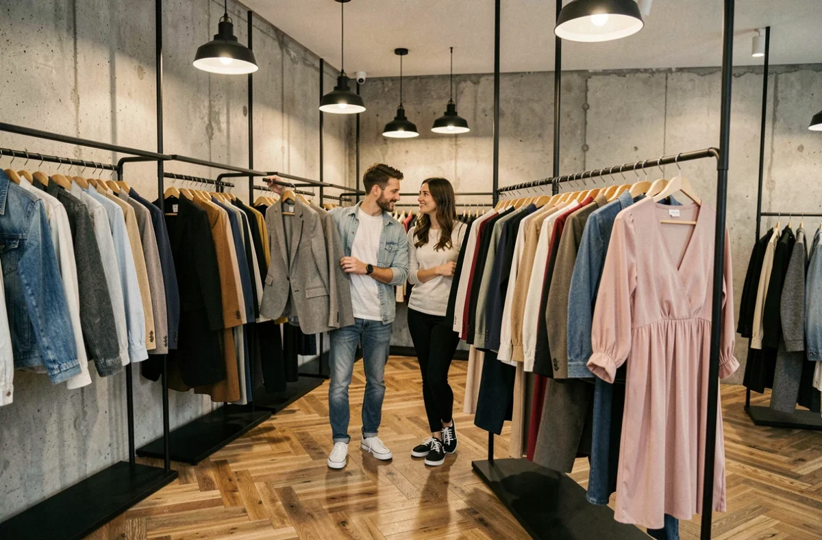 Intérieur de Tanka Clothes avec des vêtements homme et femme sur des portants minimalistes à Besançon