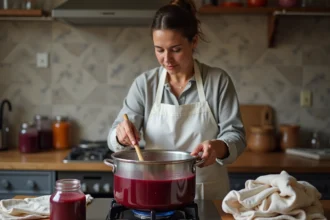 Femme qui teint du polyester dans une grande casserole sur une cuisinière domestique avec de la teinture bordeaux économique
