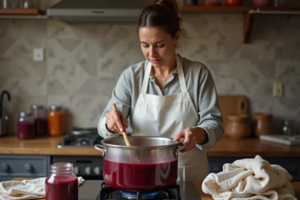 Femme qui teint du polyester dans une grande casserole sur une cuisinière domestique avec de la teinture bordeaux économique