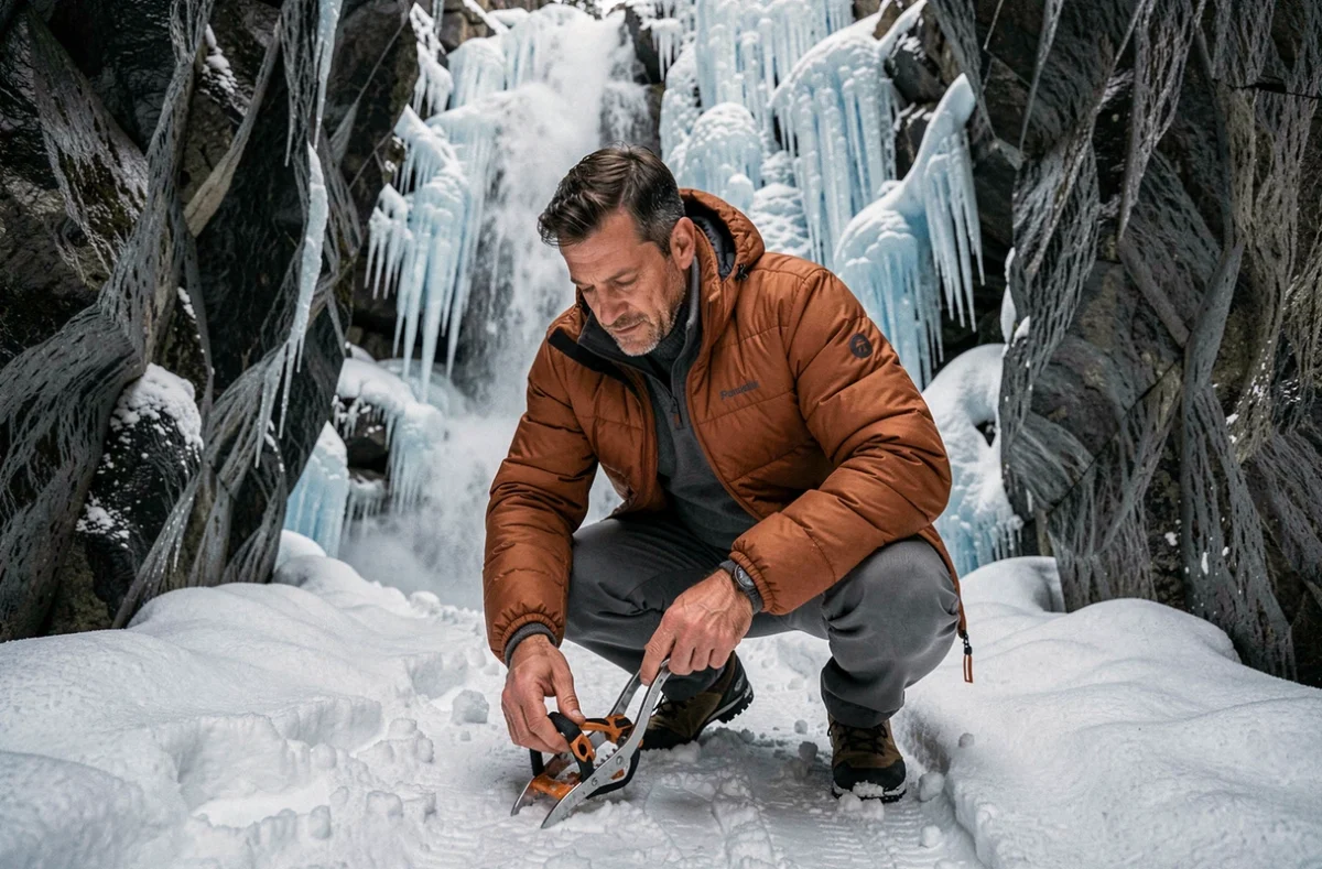 Homme équipé de vêtements techniques de montagne multicouches devant une cascade gelée en hiver