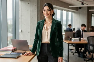 Femme professionnelle en tenue de réveillon bureau portant un blazer velours émeraude et un pantalon large noir, debout à son poste de travail dans un open space moderne