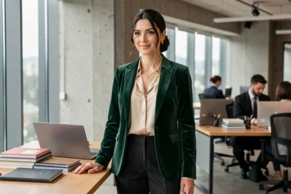 Femme professionnelle en tenue de réveillon bureau portant un blazer velours émeraude et un pantalon large noir, debout à son poste de travail dans un open space moderne