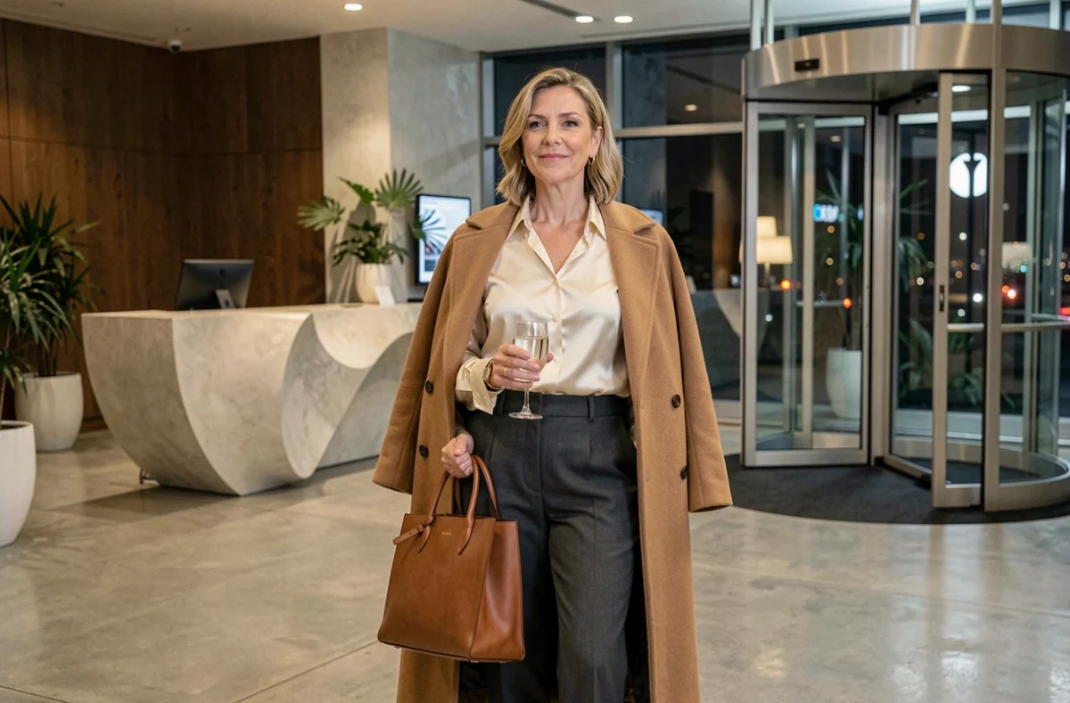 Femme élégante en blouse satin ivoire et pantalon charbon dans le hall d'un immeuble de bureaux, manteau camel sur les épaules, prête pour une soirée de réveillon