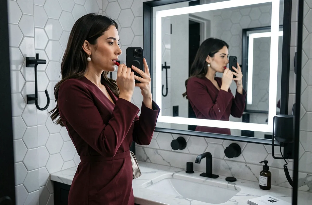 Femme en robe mi-longue bordeaux se retouchant le maquillage dans les toilettes d'un bureau élégant avant une fête de réveillon