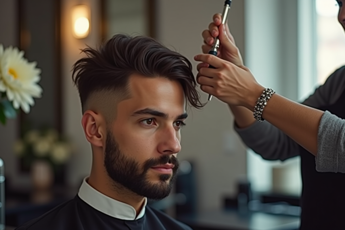Détail d une coupe de cheveux en cours avec un coiffeur attentif