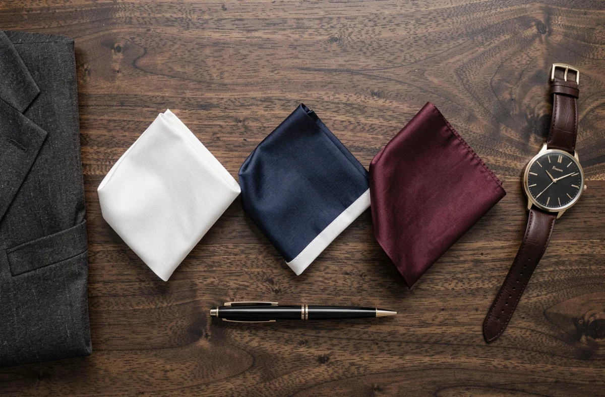 Pochettes pour costume disposées en différents pliages professionnels sur un bureau en bois avec accessoires élégants