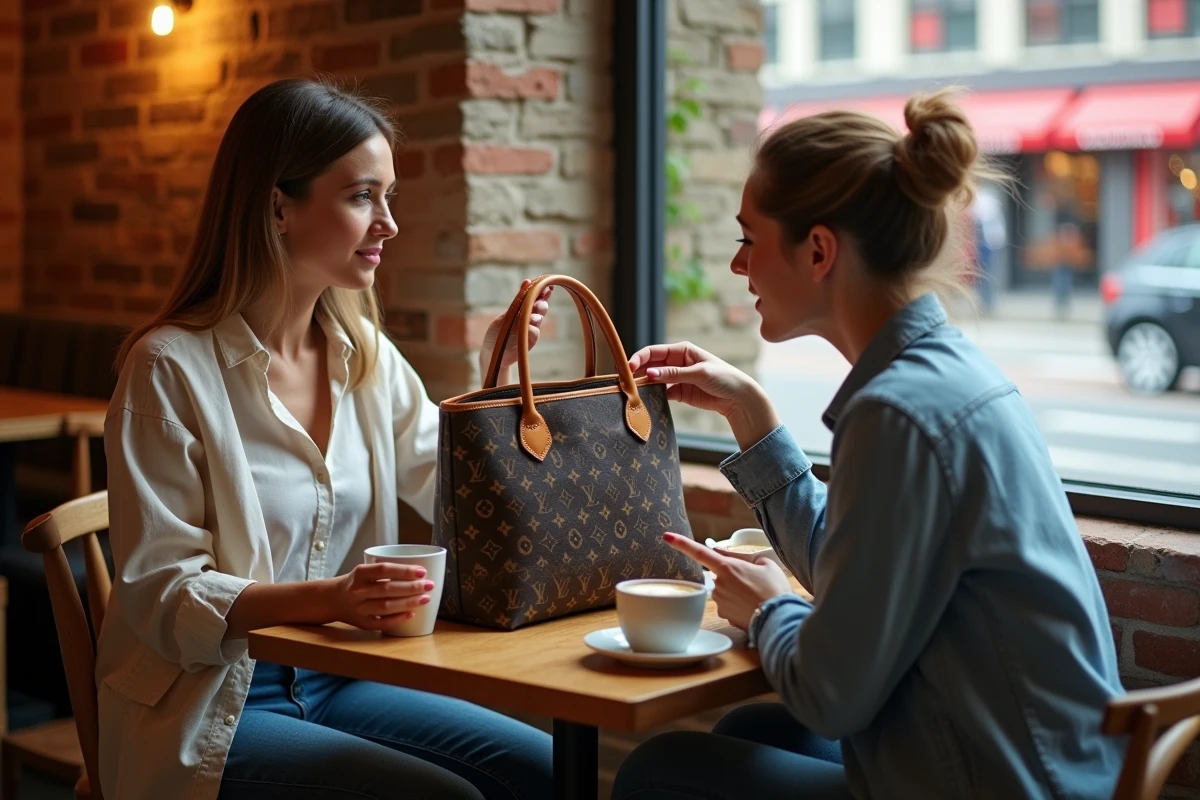 Deux femmes dans un café examinant les coutures d'un sac monogramme suspect pour identifier une contrefaçon Louis Vuitton achetée sur Vinted