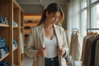 Femme inspectant l'étiquette de marque à l'intérieur d'un blazer en boutique de vêtements