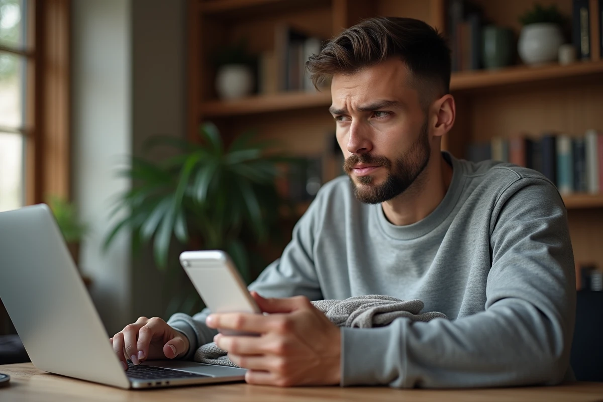 Homme vérifiant la marque d'un vêtement avant de valider son panier d'achat en ligne