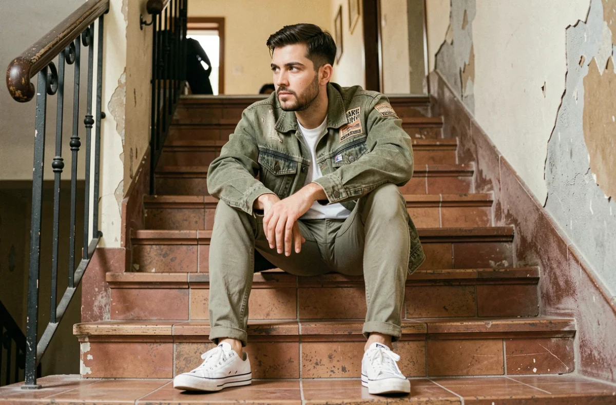 Jeune homme en veste denim vintage verte et baskets blanches assis dans un couloir d'immeuble ancien
