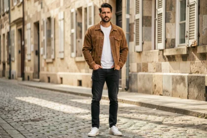 Homme en veste vintage marron et baskets blanches dans une rue pavée européenne, tenue casual quotidienne