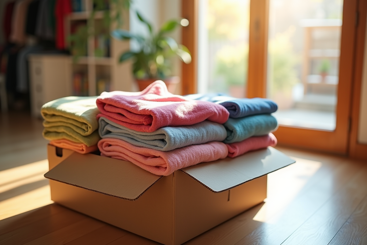 Vêtements colorés pliés avec étiquettes dans une boîte en carton près d