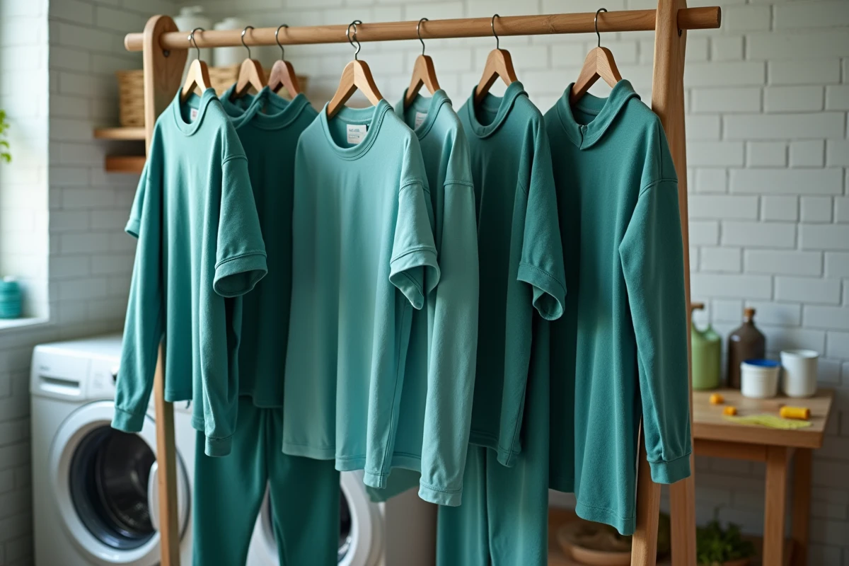 Plusieurs vêtements en polyester teints en vert et bleu sarcelle accrochés sur un séchoir dans une buanderie