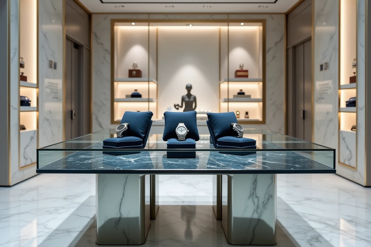 Vitrine d'une boutique de montres de luxe suisse avec des garde-temps Richemont sur velours bleu marine